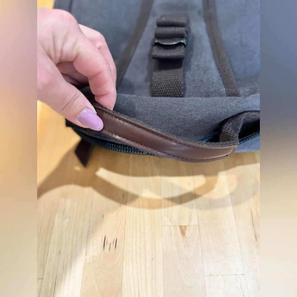 Gray Canvas Crossbody Backpack with Brown Accents Multiple Compartments Durable
